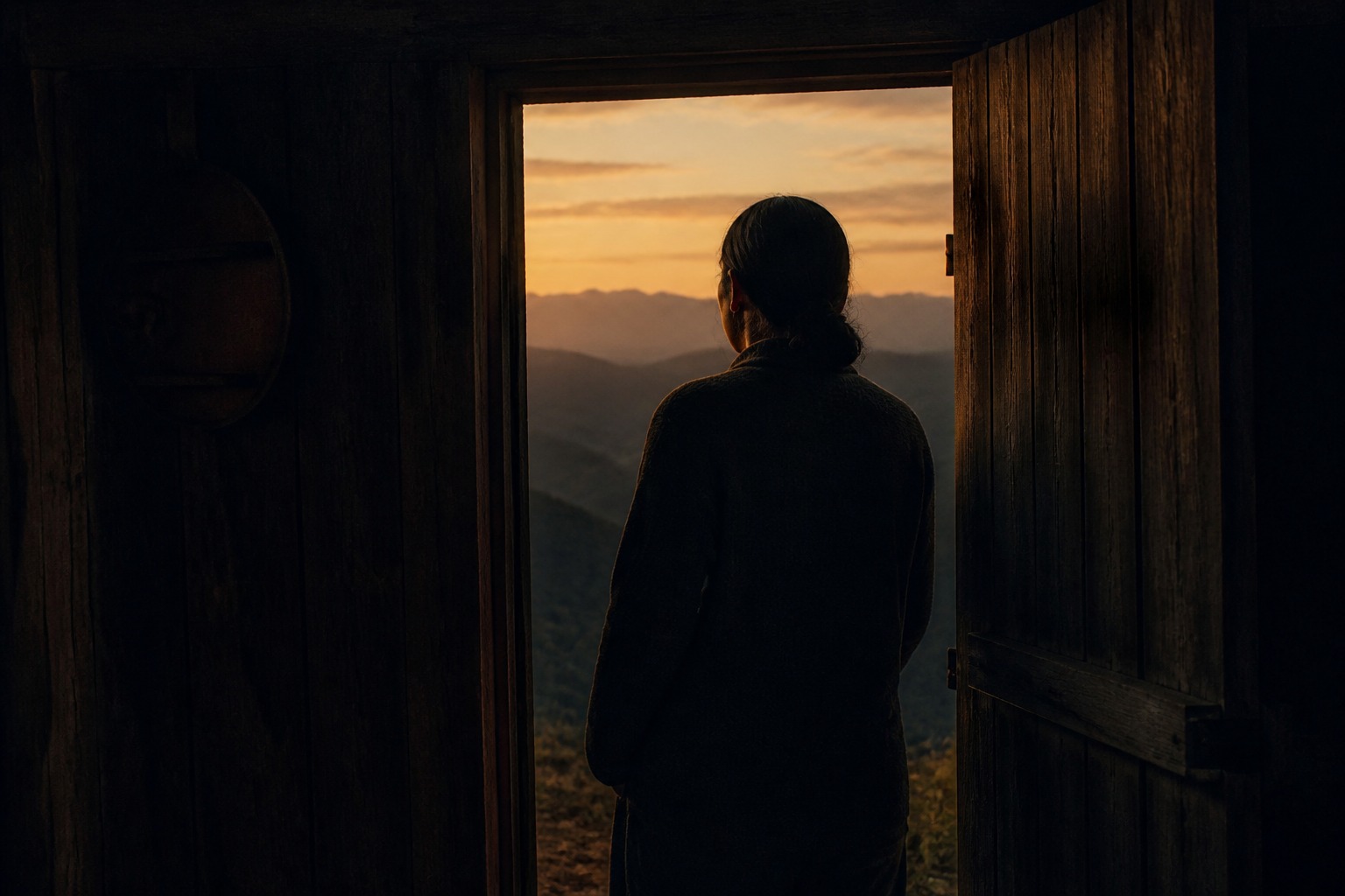 A person paused in a doorway looking out at dusk